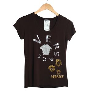 Versace Metallic Medusa Head Brown Lycra Comfort Scoop Neck Designer T-Shirt
